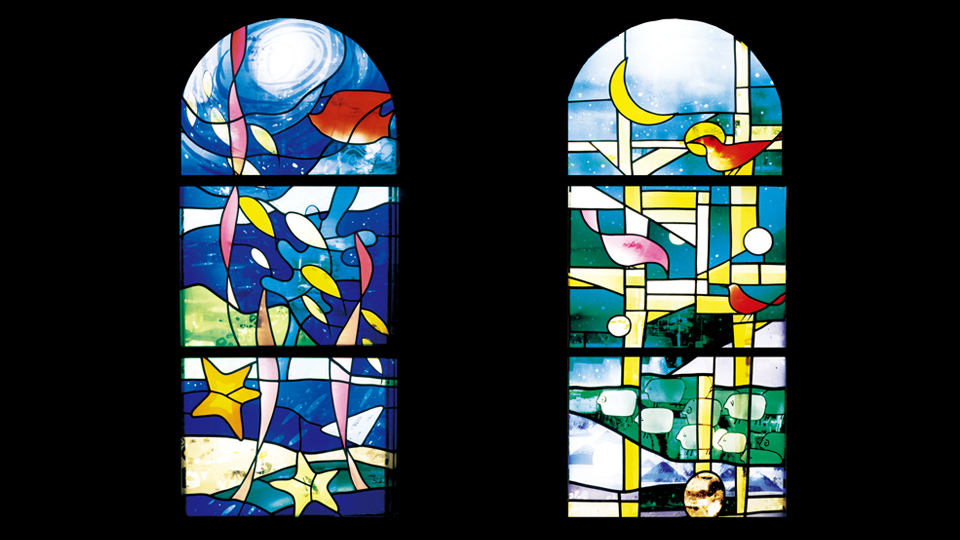 草間幸子/ステンドグラス作品　＜2連作“時：天地創造”（左）“時：主の誕生”（右）＞
